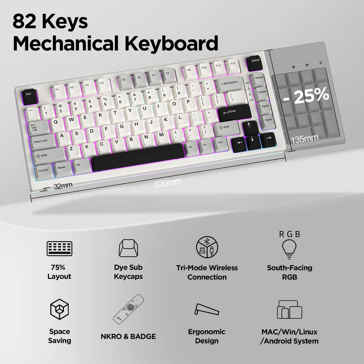 YUNZII YZ75 Pro Wireless Mechanical Keyboard with Hot Swappable Switches White