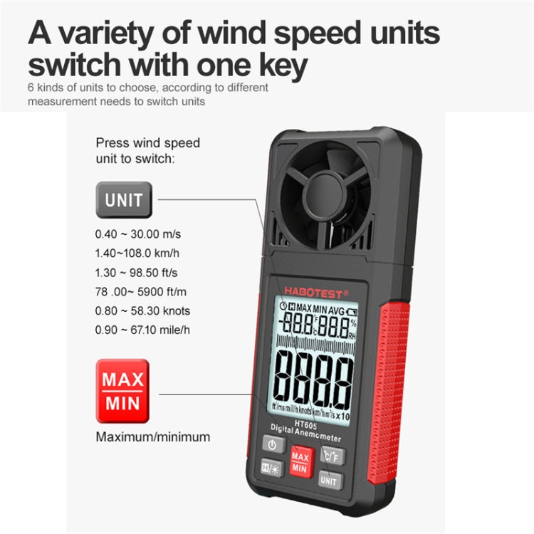 HABOTEST HT605 Portable Digital Display Handheld Wind Speed Tester