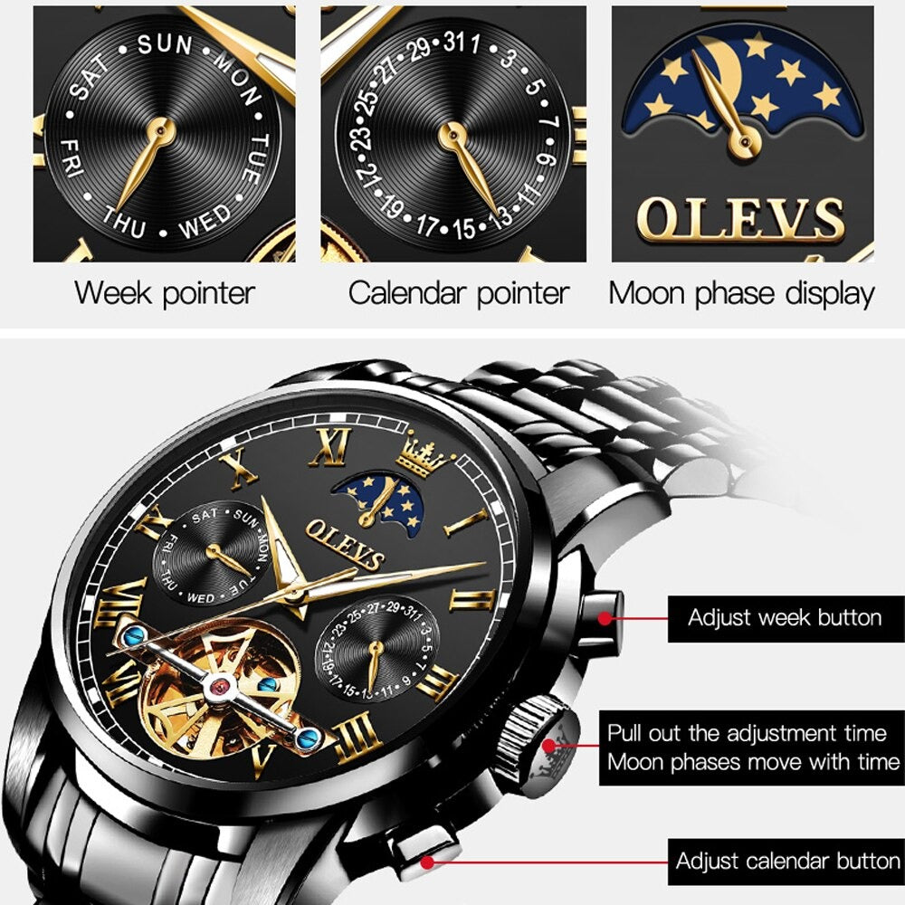 Olevs 6617 Mechanical Wrist Watch Chronograph Moon Phase & Stainless Steel Strap